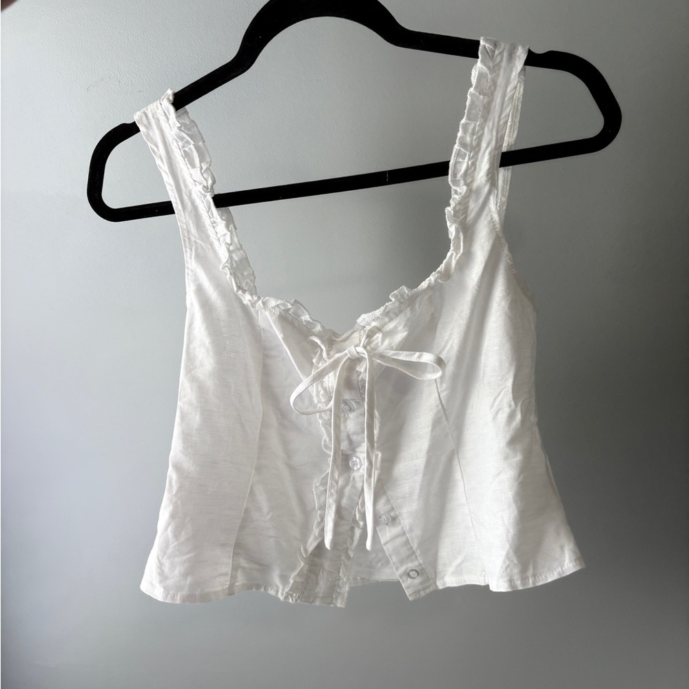 SNDYS white ruffle button up linen top